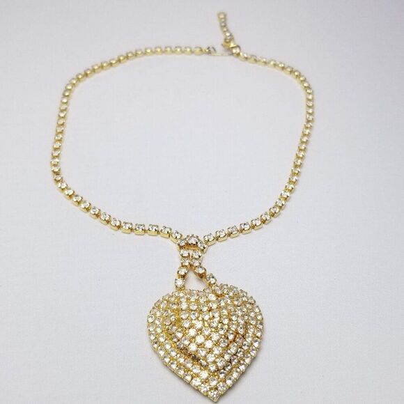Vintage Heart Shape Rhinestone Encrusted Necklace, Formal Fancy Adjustable - Picture 1 of 6